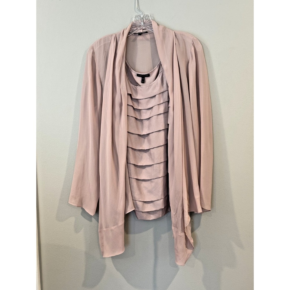 Eileen Fisher 2 piece Luxury Silk Top with Cardigan Ruffles Med Dusty Rose